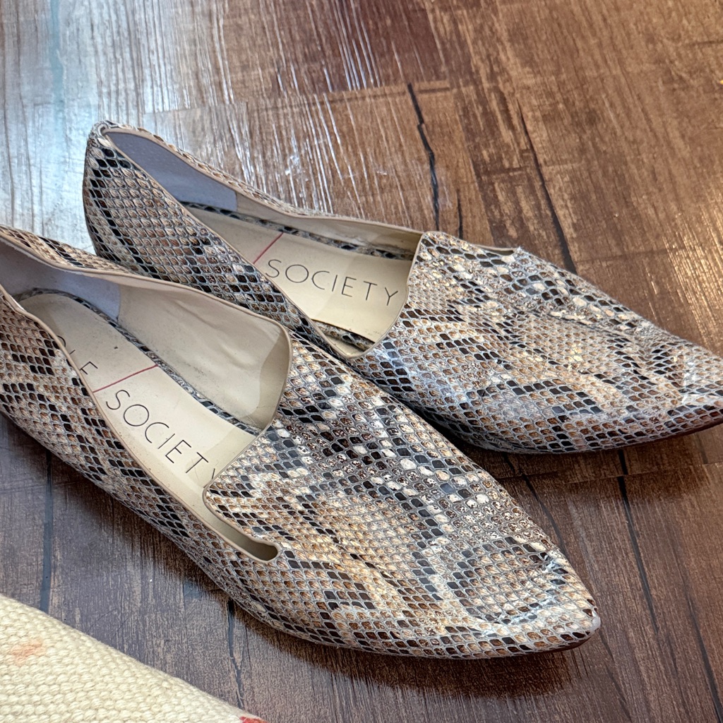 Sole Society Snake-Print Pointed Loafers In Beige And Gray